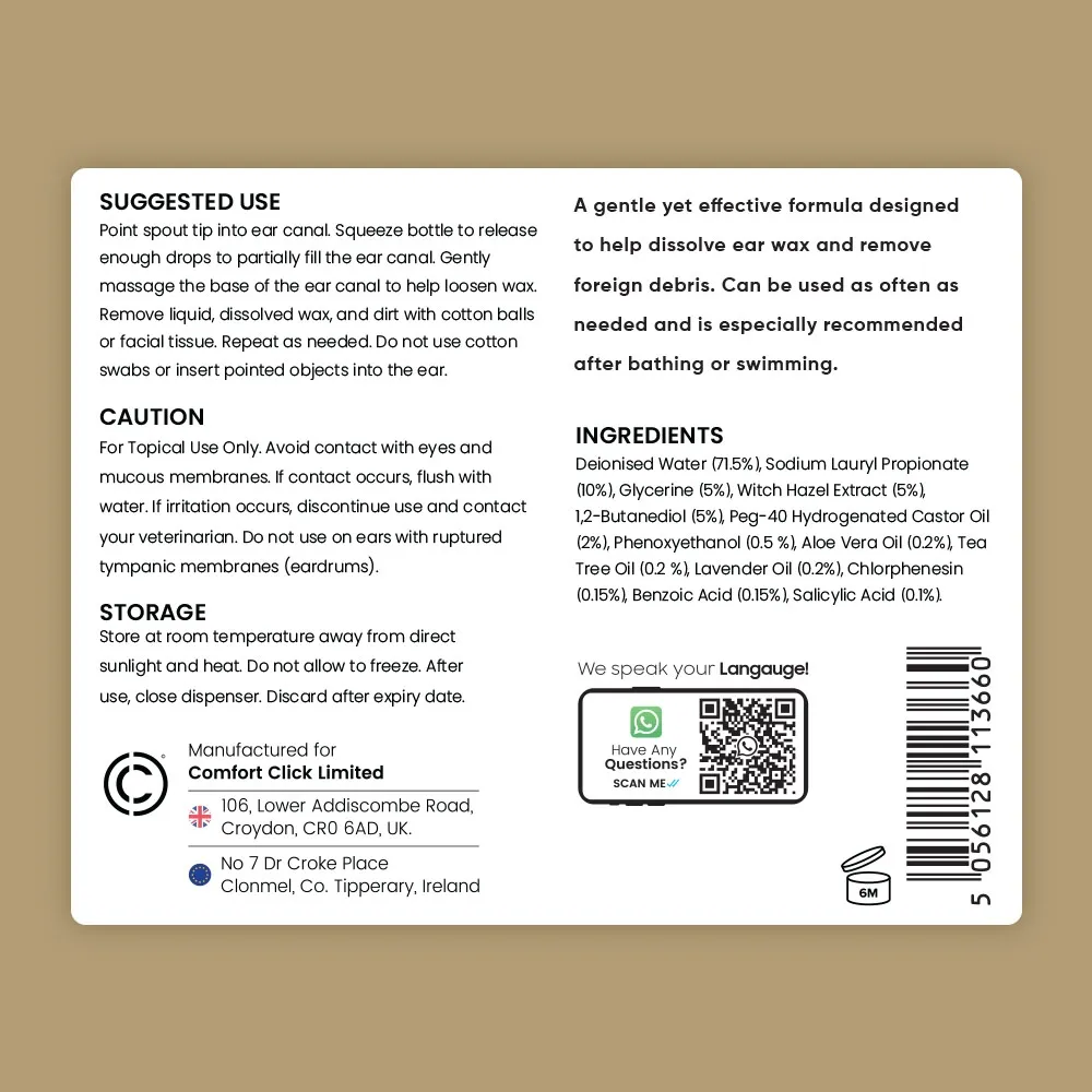 Back label of Animigo’s Ear Cleaner for pets