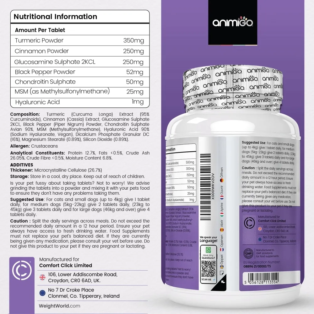 Nutritional Information of Hip & Joiny Complex Capsules formulated with ingredients containing joint vitamins for dogs