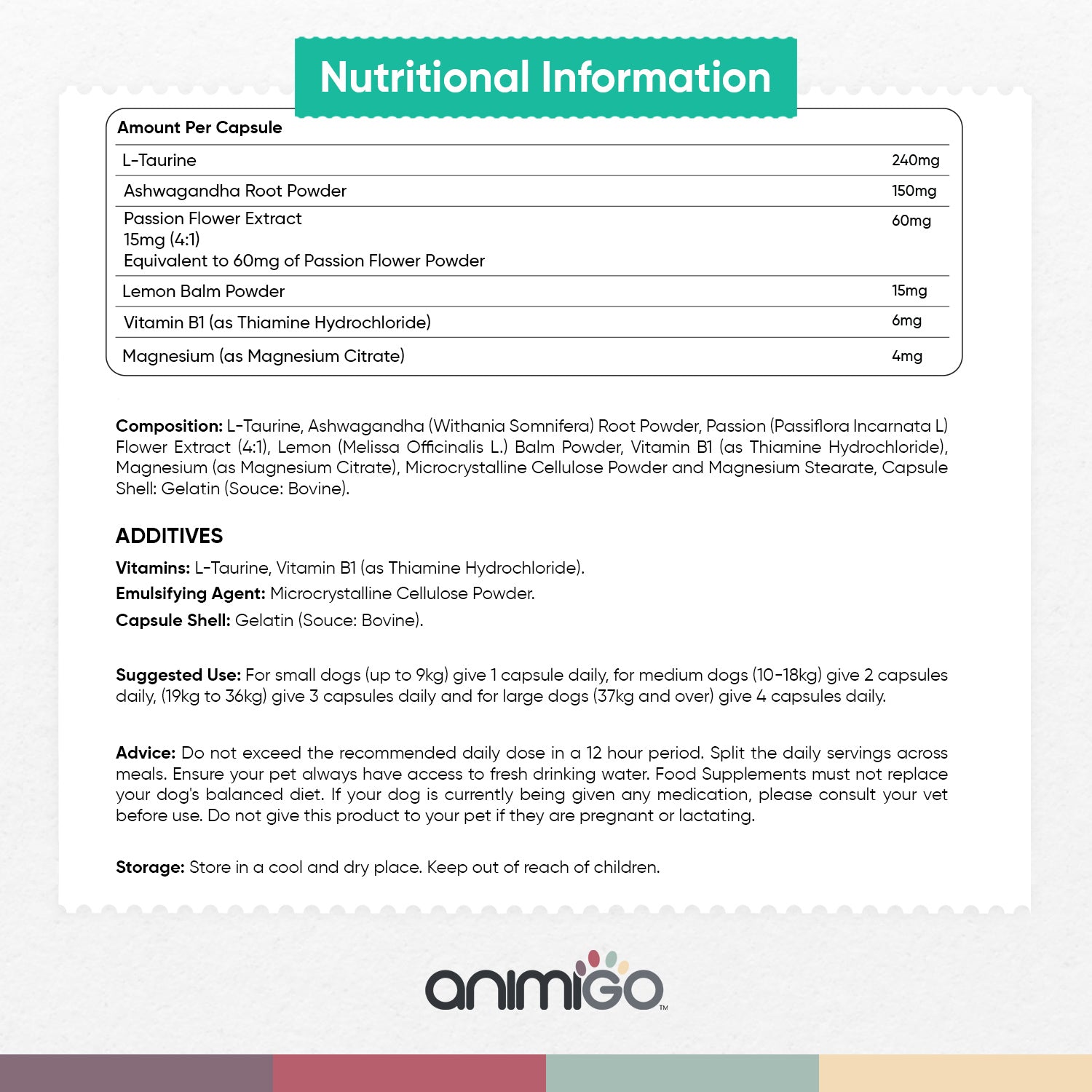 Nutritional information of Animigo Calming Aid for Dogs
